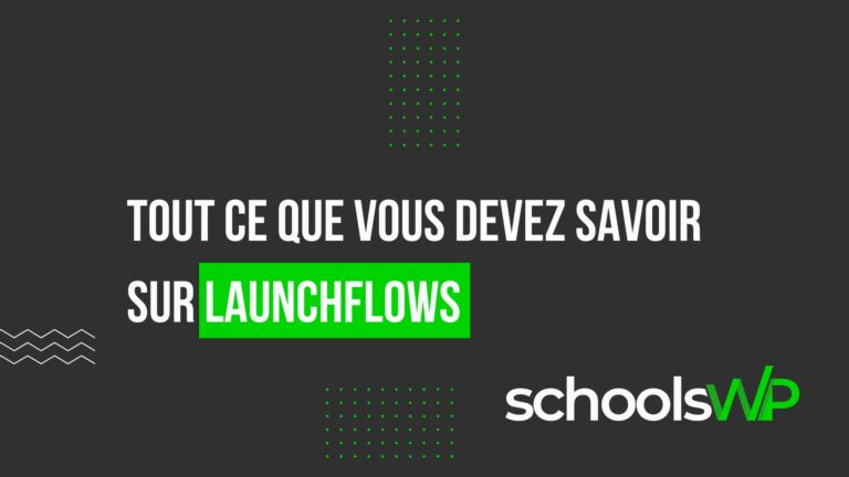 Graphisme simple en vert fluo sur fond noir avec texte 'Tout ce que vous devez savoir sur LaunchFlows' pour un article de schoolswp.com