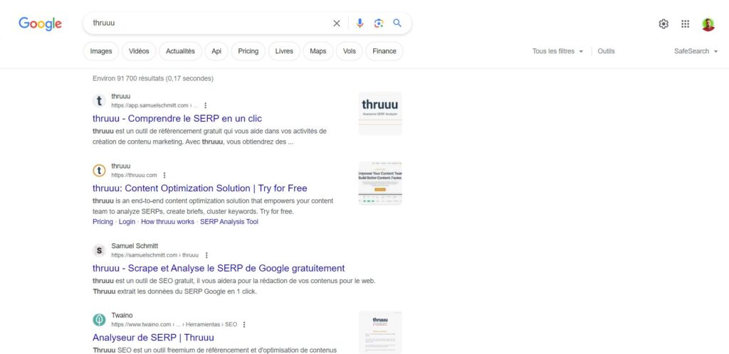Exemple de SERP Google pour la recherche thruuu
