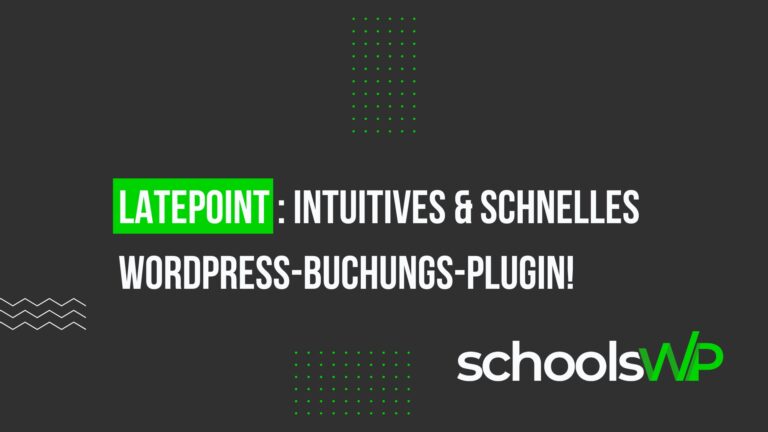 LatePoint: Intuitives & schnelles WordPress-Buchungs-Plugin auf dunklem Hintergrund mit modernen grünen und weißen Akzenten.