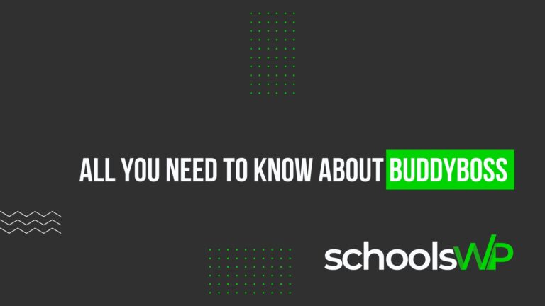 BuddyBoss header graphic with bold title and schoolsWP logo on dark background