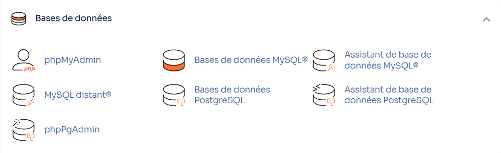 cPanel o2switch tools for managing MySQL and PostgreSQL databases with phpMyAdmin and phpPgAdmin access