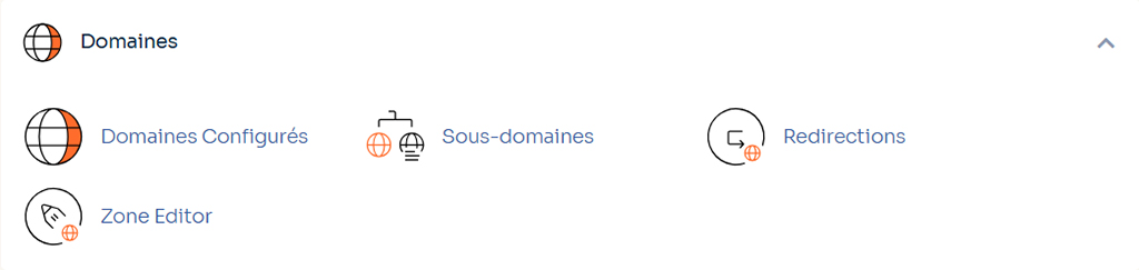 o2switch cPanel domains section with DNS options, subdomains and redirects