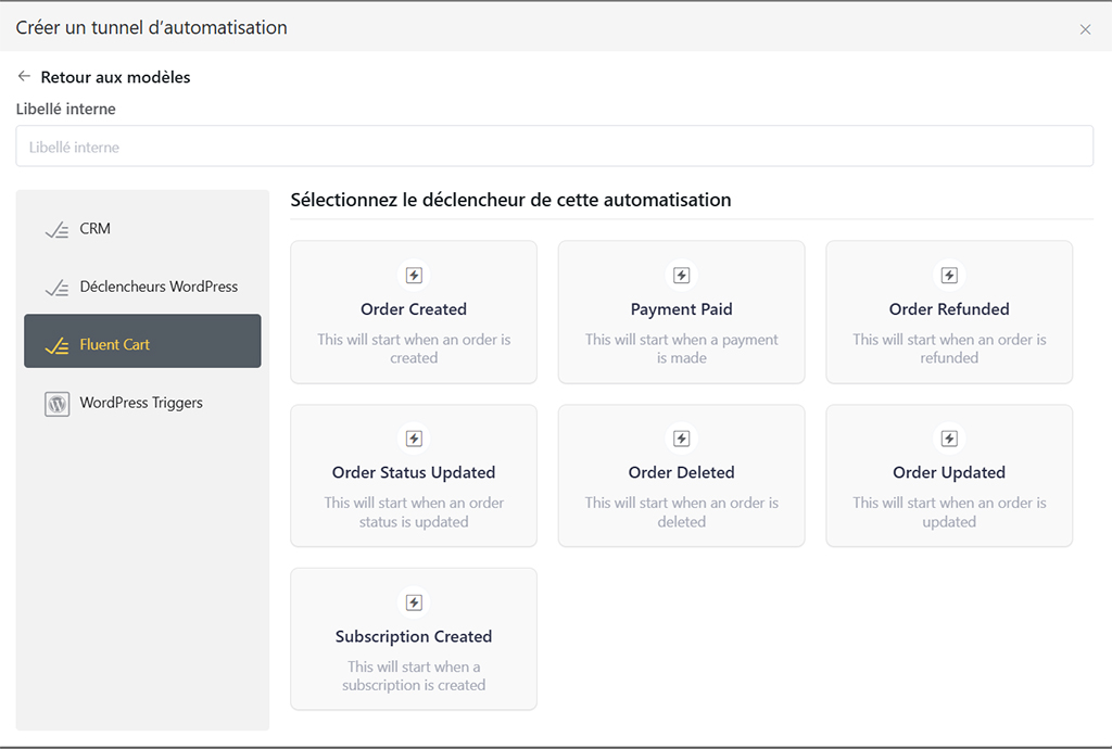 FluentCart interface showing WordPress e-commerce automation triggers