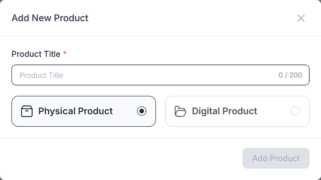 FluentCart form for adding a physical or digital product