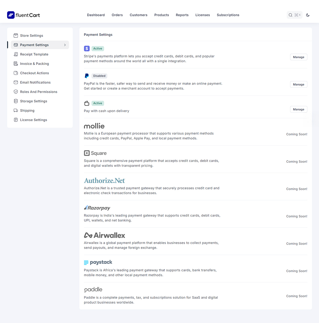 Table of payment methods available in FluentCart on WordPress