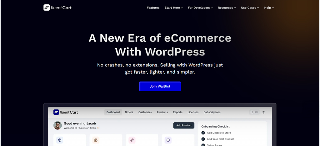 FluentCart homepage with a fast and fluid e-commerce promise for WordPress