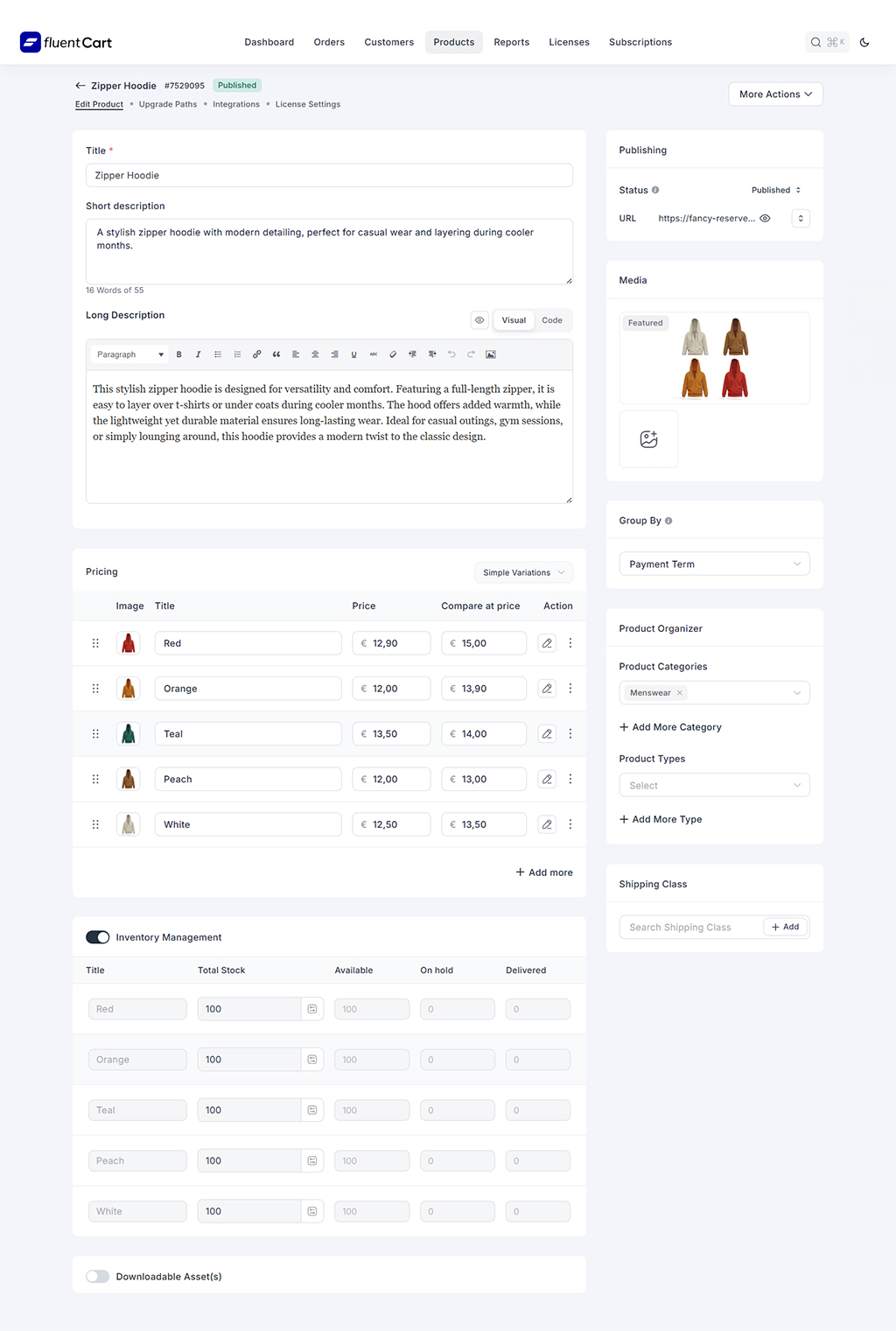 FluentCart interface for WordPress product sheet with variations, prices, inventory and detailed description