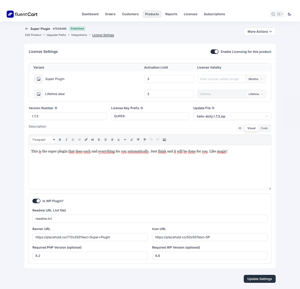 Interface for configuring WordPress plugin licenses with FluentCart