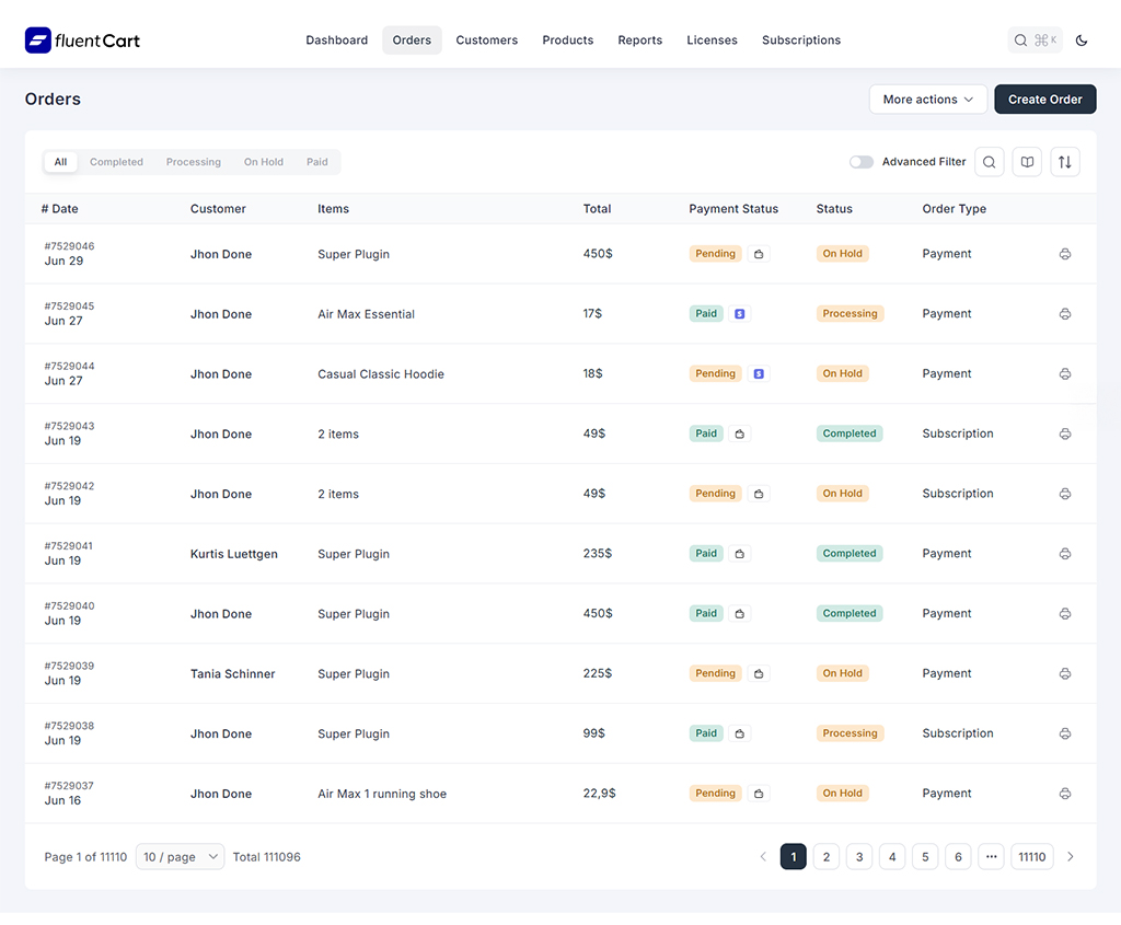 FluentCart dashboard displaying e-commerce orders and their status