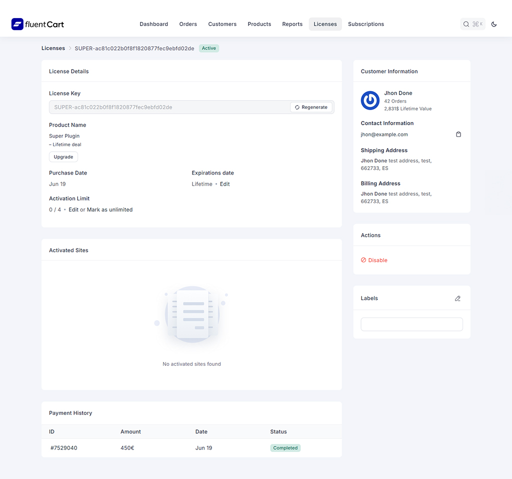 View of an active license management table in FluentCart for a WordPress plugin