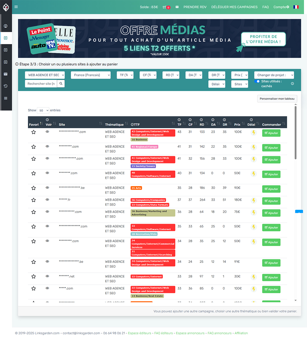 linksgarden avis selection sites netlinking Linksgarden interface - selecting SEO sites for a netlinking campaign (schoolsWP)