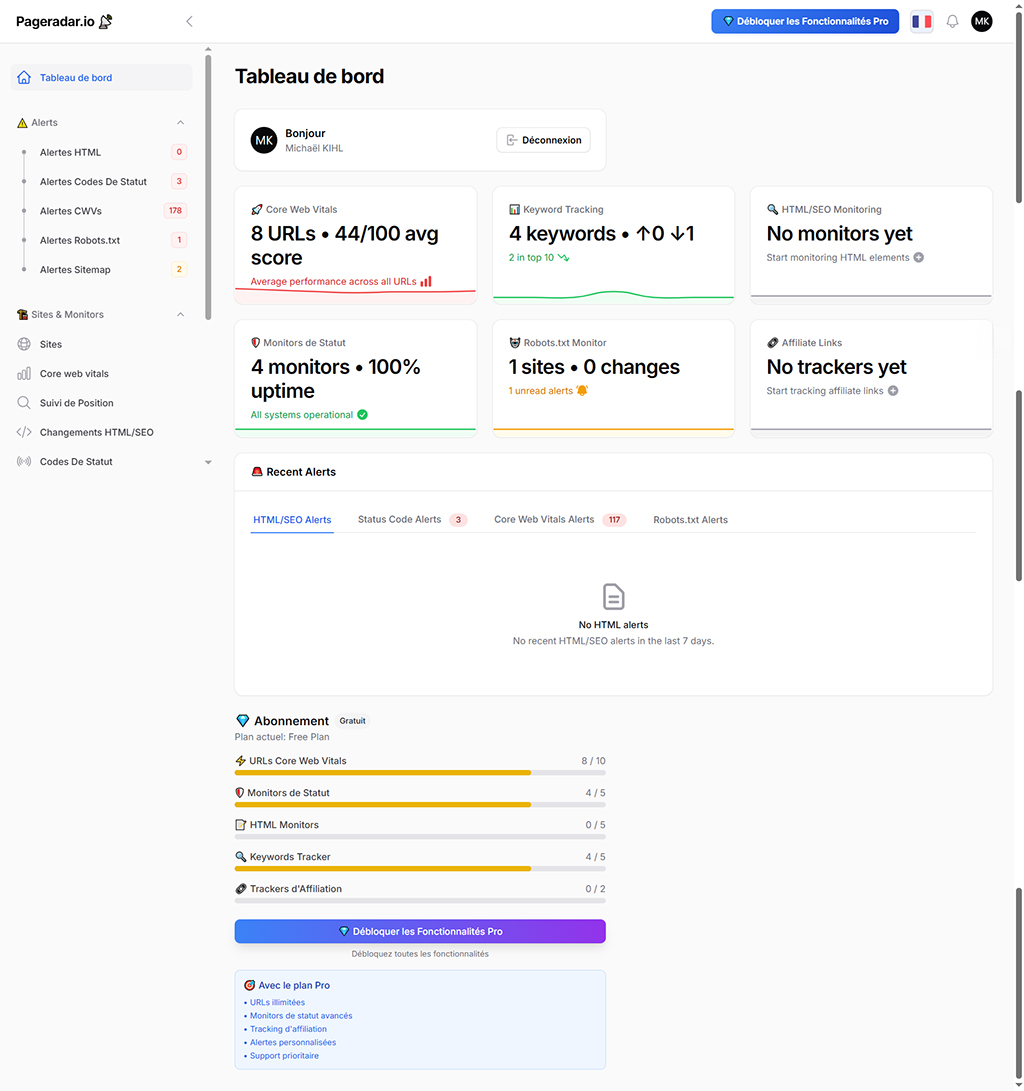pageradar dashboard seo Capture d’écran du tableau de bord PageRadar avis 2025 avec suivi Core Web Vitals, monitoring mots-clés et alertes SEO en temps réel
