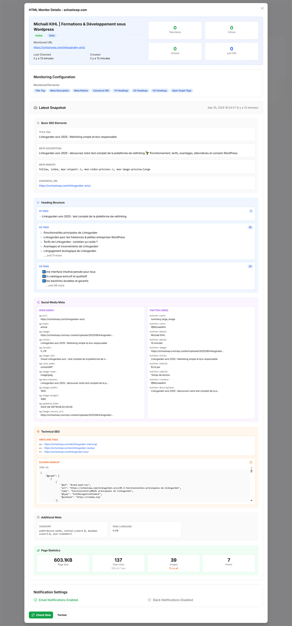 pageradar html monitor details Capture d’écran PageRadar avis 2025 – détail du monitoring HTML/SEO avec balises, meta et schema pour l’optimisation SEO