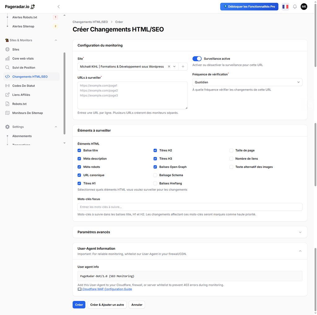 pageradar monitoring html seo Capture d’écran PageRadar avis 2025 – configuration du monitoring HTML et SEO avec suivi des balises et méta importantes