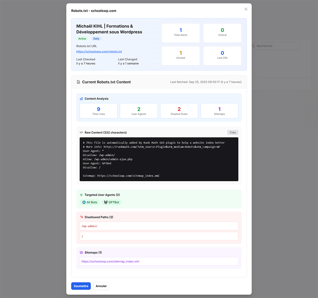 pageradar robots txt monitoring Capture d’écran PageRadar avis 2025 – monitoring robots.txt avec analyse des règles disallow et du sitemap