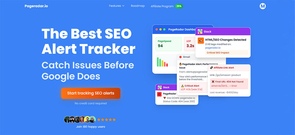 pageradar seo alert tracker Capture d’écran PageRadar avis 2025 – SEO Alert Tracker pour anticiper les problèmes techniques et améliorer le référencement