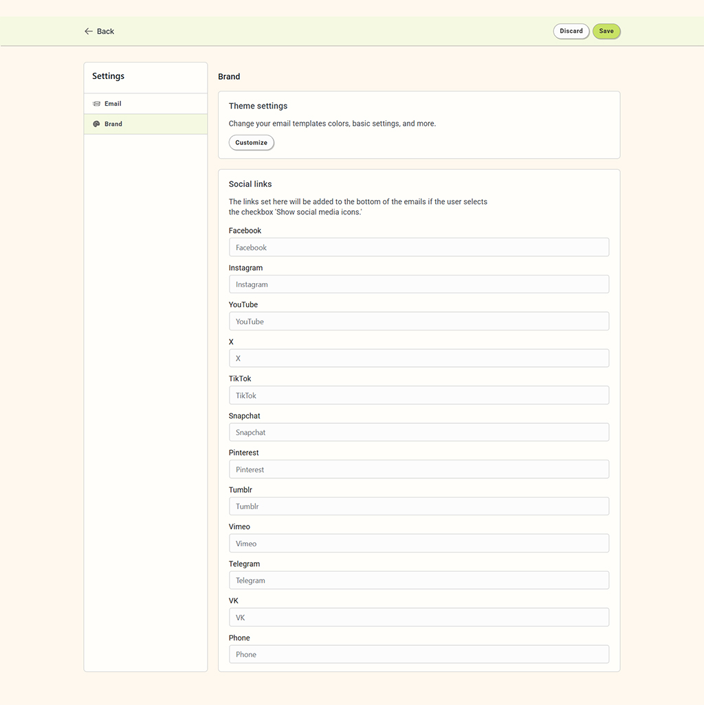 Virfice 2025 – Capture des réglages Brand et réseaux sociaux du plugin WordPress WooCommerce présentée par schoolsWP.