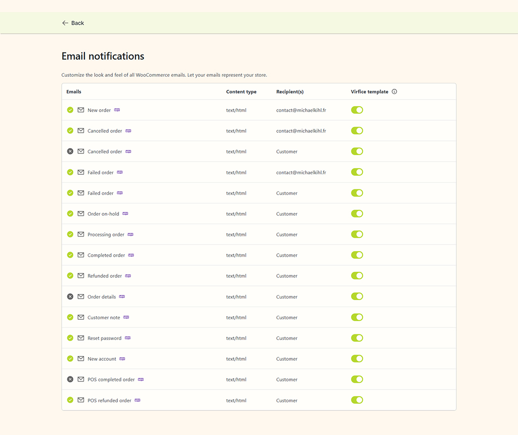 Virfice avis 2025 – plugin WooCommerce WordPress pour personnaliser et gérer les notifications emails transactionnels sur schoolsWP