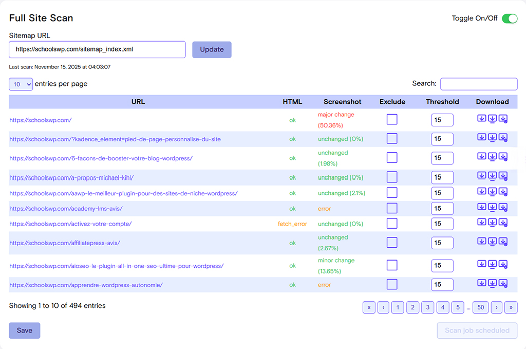 Full scan of the WordPress site showing visual changes, HTML statuses, and errors detected for the schoolsWP 2025 monitoring analysis.