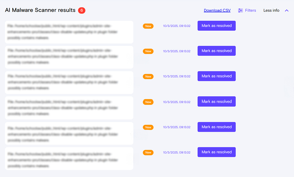 Results of a WordPress malware scanner displaying several suspicious files detected in plugins, visual analyzed in the schoolsWP security article.