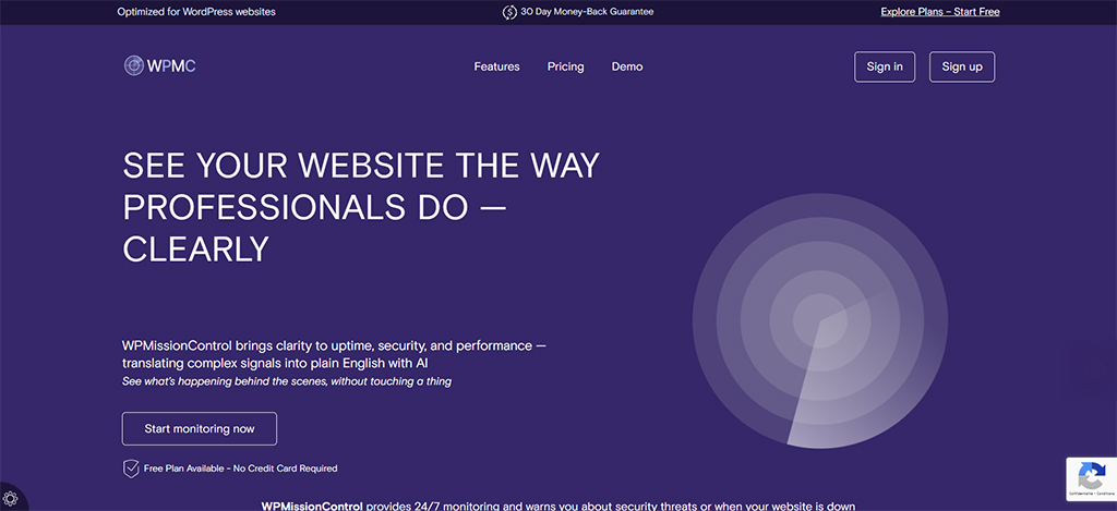 Visual schoolsWP presenting WPMissionControl, the WordPress 2025 monitoring tool for analyzing site uptime, security, and performance.