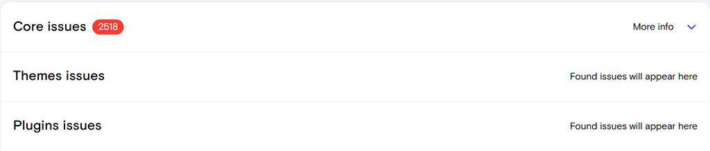 WPMissionControl screenshot showing the number of WordPress core issues and themes and plugins issues sections, used in the schoolsWP 2025 test.