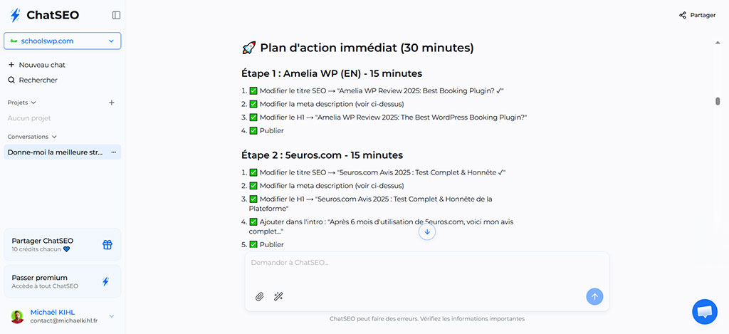 Plan d’action SEO immédiat généré par ChatSEO sur schoolsWP, avec étapes concrètes et optimisations issues de la Search Console.