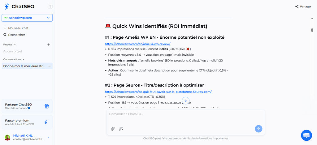 Capture ChatSEO sur schoolsWP : Quick Wins SEO identifiés avec ROI immédiat, pages à potentiel et actions basées sur Google Search Console.
