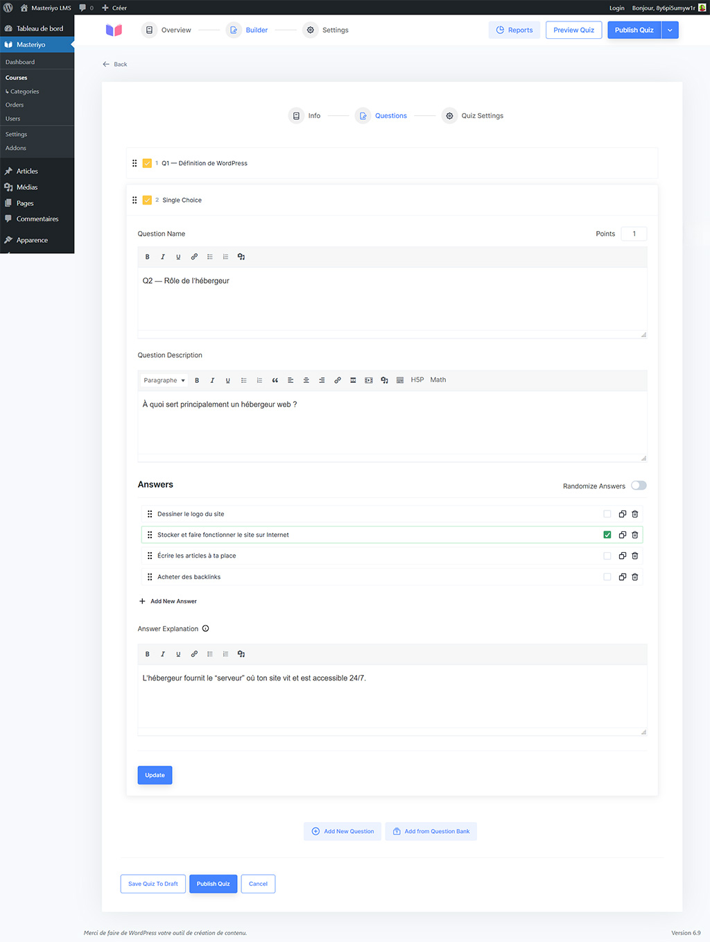 masteriyo lms plugin wordpress editeur questions quiz qcm Capture Masteriyo LMS 2026 : onglet Questions d'un quiz WordPress, création QCM avec réponses, bonne réponse cochée et explication schoolsWP.