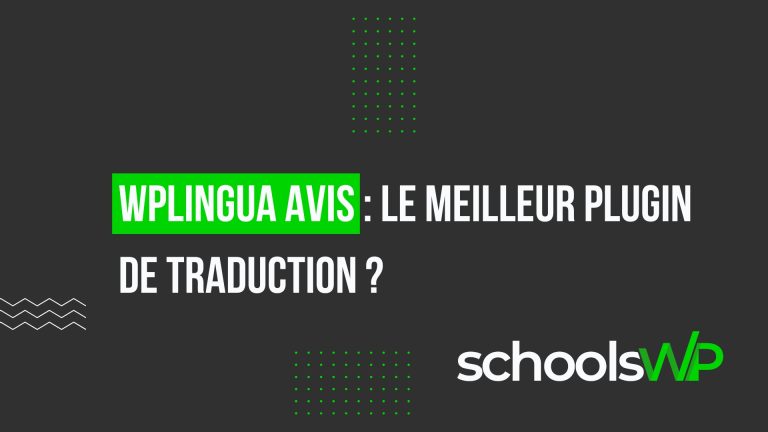 Visuel schoolsWP : ‘wpLingua avis’ 2026, couverture sur fond sombre présentant le plugin WordPress de traduction multilingue.