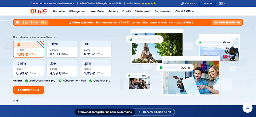 Capture site LWS : prix des domaines et hébergement web français WordPress, utilisée dans l’avis LWS 2026 sur schoolsWP.
