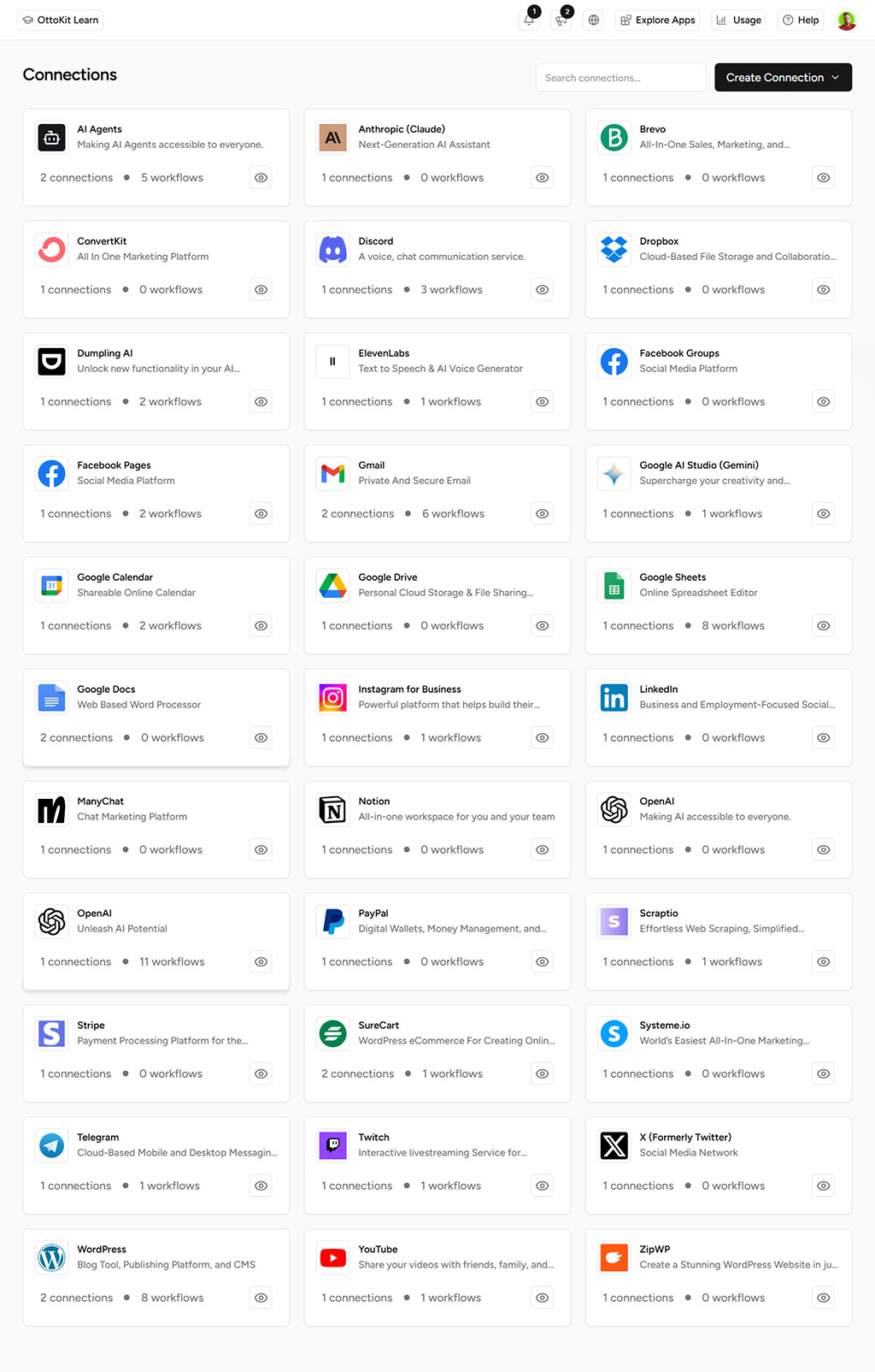 Capture OttoKit Connections : liste d’intégrations (OpenAI, Claude, Google, WordPress, X) pour automatisations schoolsWP.
