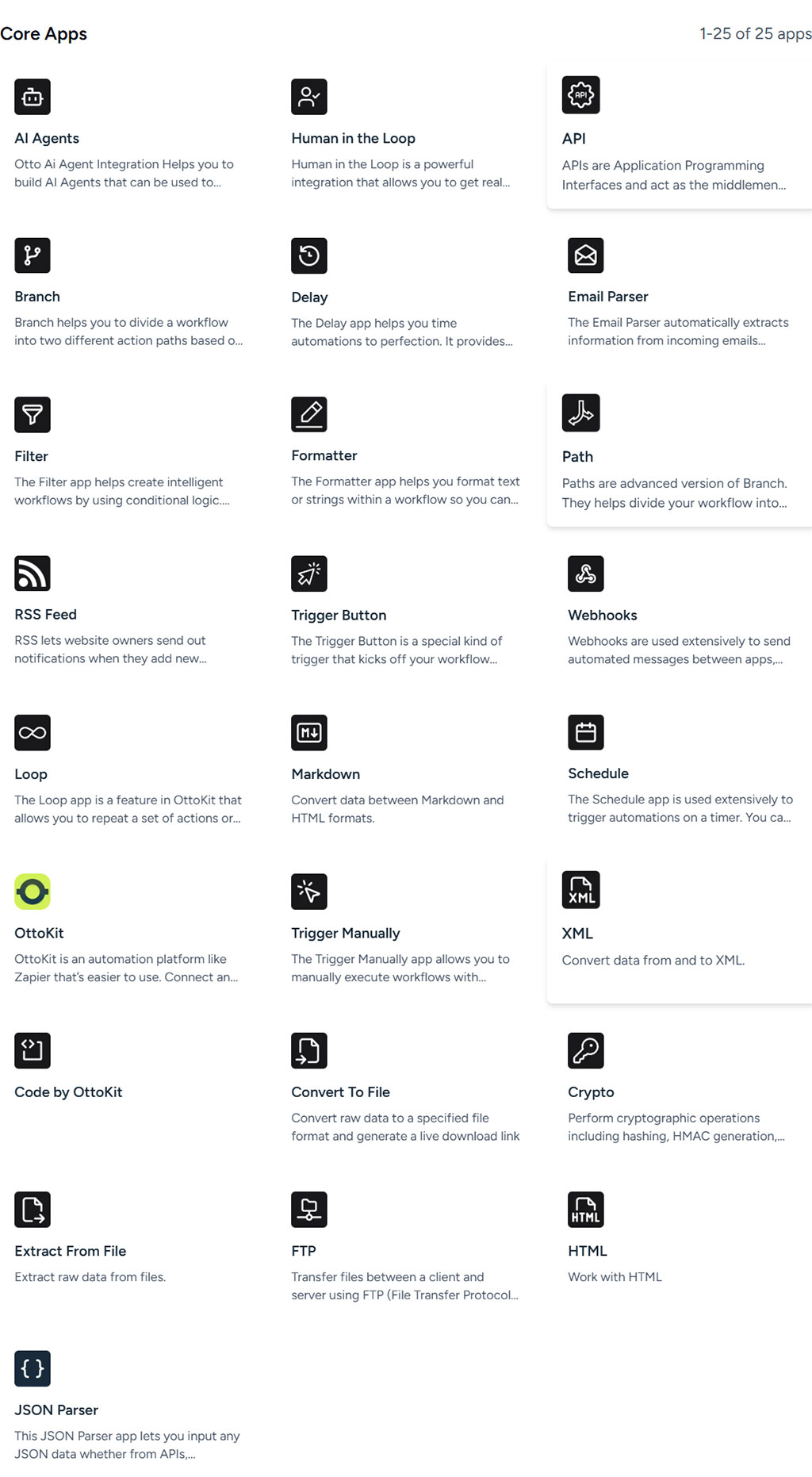Capture OttoKit Core Apps : modules API, Branch, Webhooks, RSS et JSON pour créer des automatisations WordPress (schoolsWP).