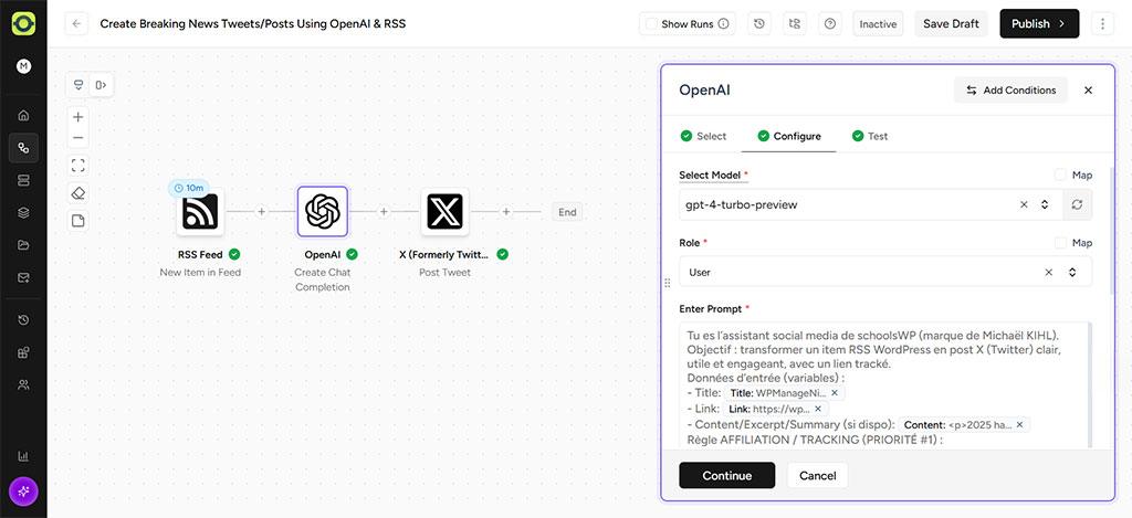 Capture d’un workflow RSS → OpenAI → X (Twitter) transformant des posts WordPress en tweets automatiques, prompt schoolsWP.