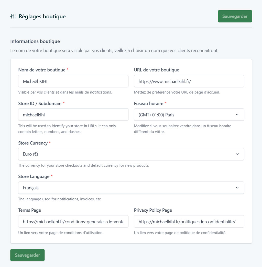 Capture écran réglages boutique SureCart : champ Store Currency (Euro) pour changer devise sur WordPress en prod — schoolsWP.