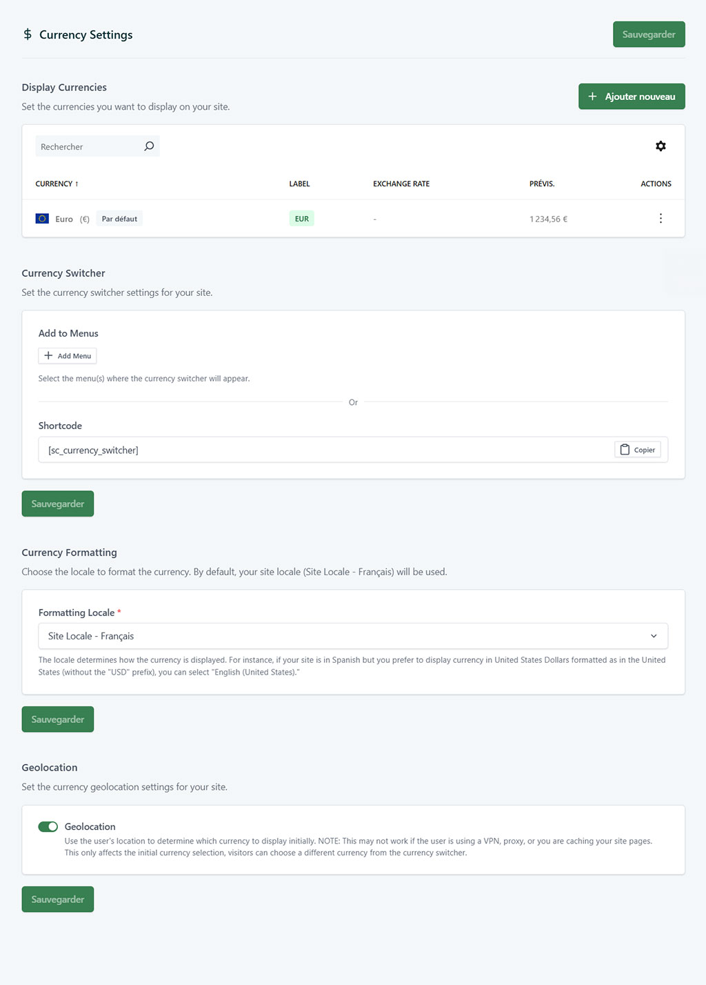 Capture écran SureCart Currency Settings : multi-devises, Currency Switcher [sc_currency_switcher], géolocalisation — schoolsWP.