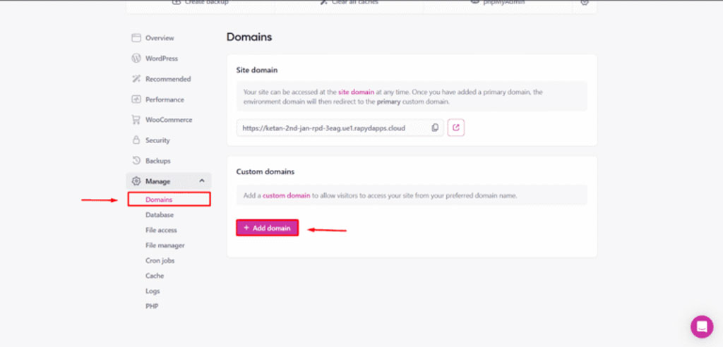 ajouter domaine Cloudflare – capture schoolsWP du menu Domains avec bouton Add domain dans Rapyd Cloud, étape visuelle ici.