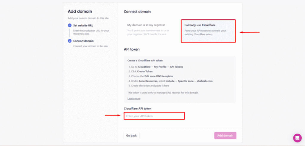API token Cloudflare WordPress – capture schoolsWP du formulaire Cloudflare avec champ API token à renseigner, visible ici.