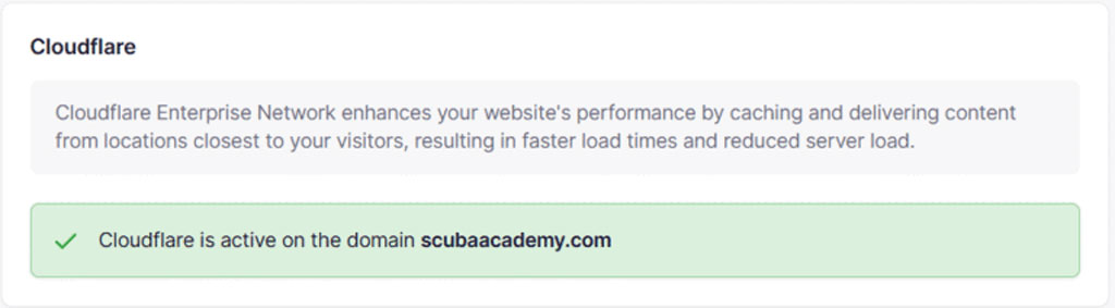 Cloudflare Rapyd Cloud – capture schoolsWP montrant le statut actif de Cloudflare sur le domaine scubaacademy.com visible.