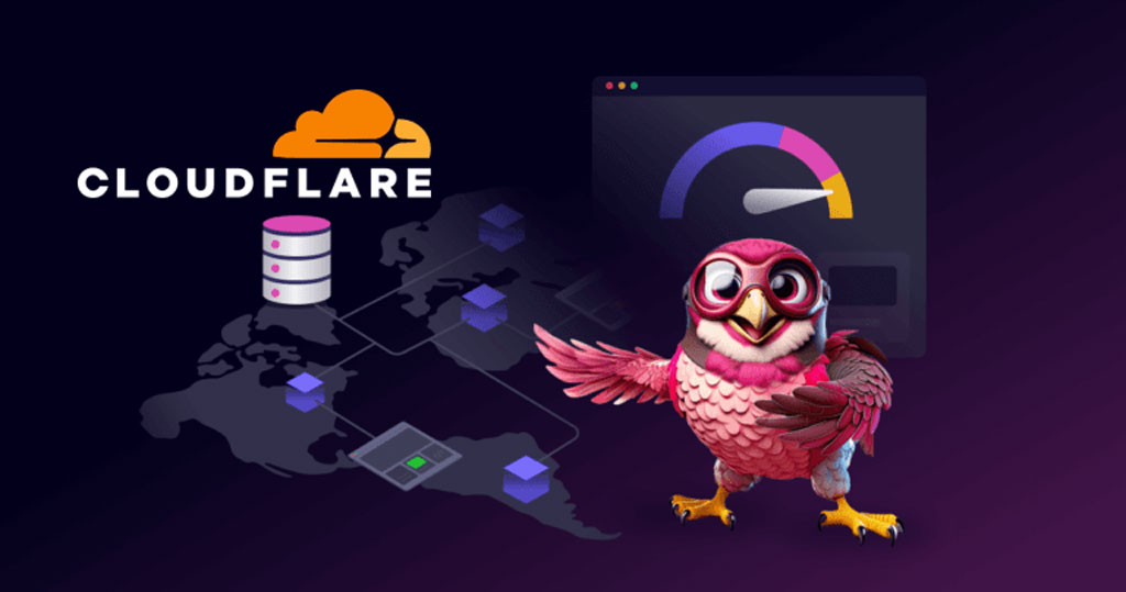 Cloudflare WordPress – illustration schoolsWP avec logo Cloudflare, carte réseau, jauge de vitesse et hibou rose visible.