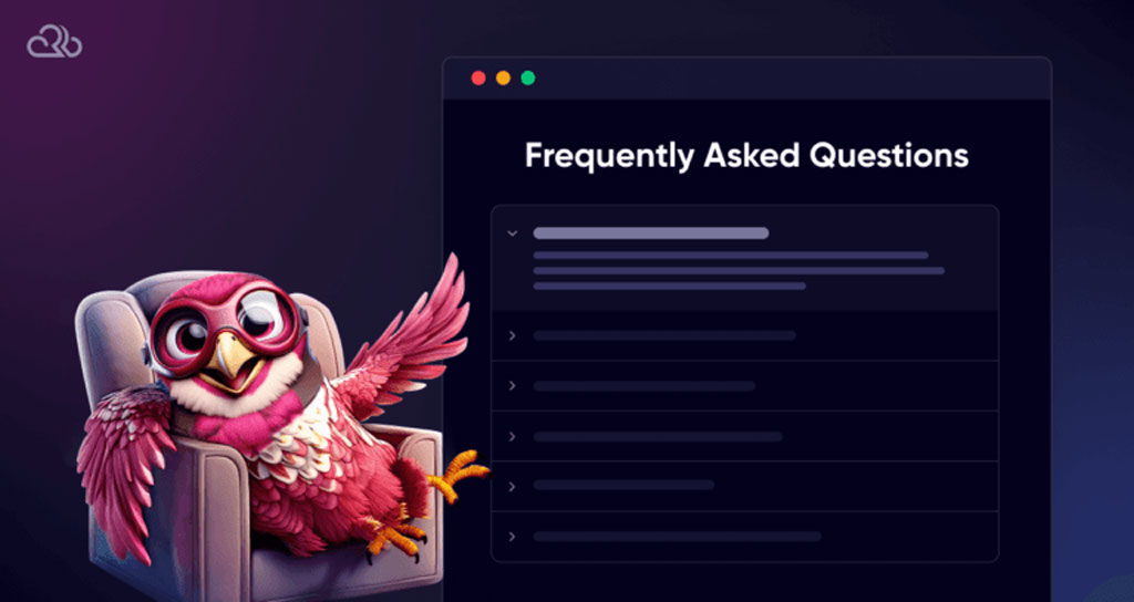 Cloudflare WordPress – illustration schoolsWP d’une FAQ avec hibou rose et panneau de questions fréquentes Cloudflare visuel.