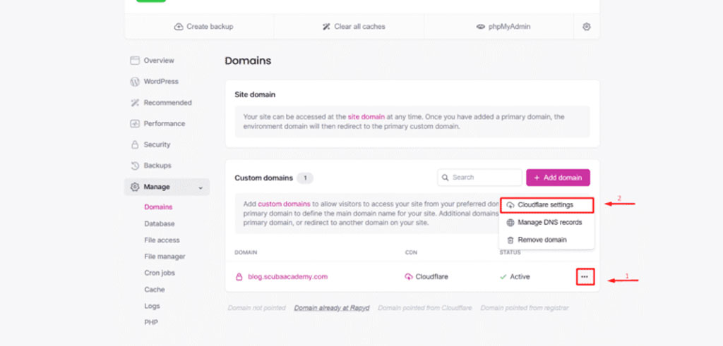 Cloudflare settings WordPress – capture schoolsWP du menu domaine ouvrant les réglages Cloudflare dans Rapyd Cloud actif.
