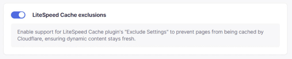 LiteSpeed Cache Cloudflare – capture schoolsWP de l’option d’exclusions LiteSpeed pour garder du contenu frais, visible.