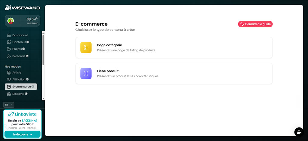 Capture schoolsWP du mode E-commerce de Wisewand avec page catégorie et fiche produit pour contenu SEO e-commerce.