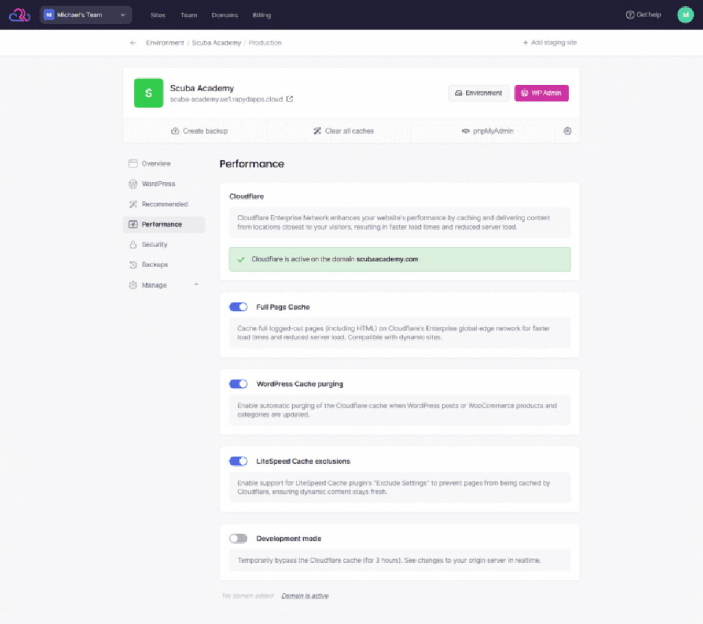 Cloudflare WordPress – capture schoolsWP des réglages Performance avec Cloudflare actif et options de cache visibles ici.