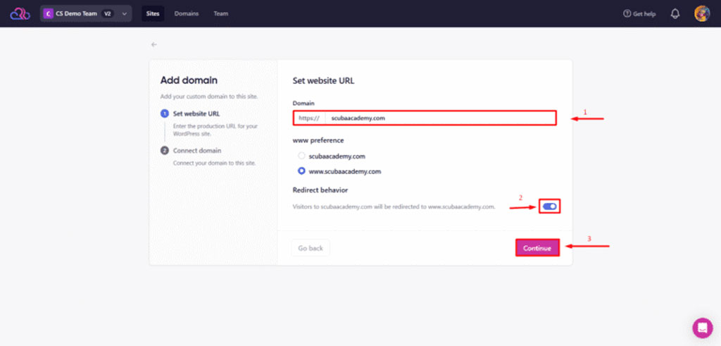 URL site Cloudflare – capture schoolsWP de l’écran Set website URL avec domaine, www et redirection dans Rapyd Cloud UI.
