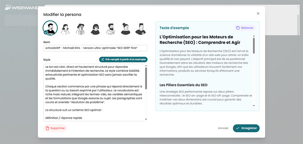 wisewand avis 2026 – éditeur de persona pour personnaliser le style de rédaction IA et le ton SEO, testé en détail par schoolsWP