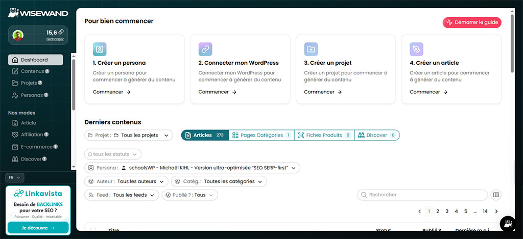 wisewand avis 2026 – tableau de bord de l'outil de rédaction IA WordPress pour contenu SEO automatisé, testé par schoolsWP
