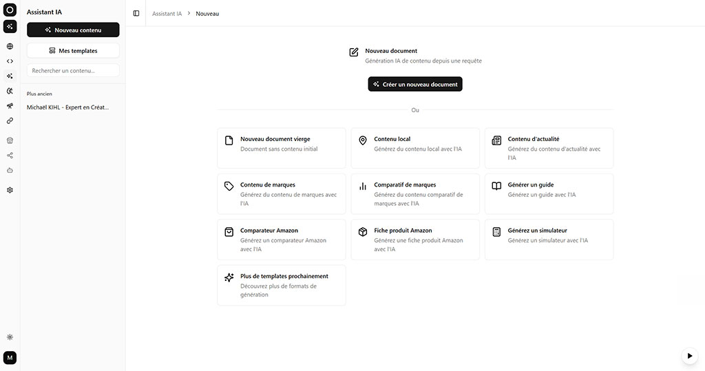 Capture de l'Assistant IA Otomatic avec écran de création de contenu, modèles de guide, contenu local et comparatif.