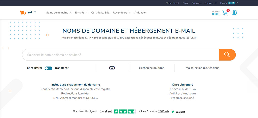 Capture d’écran de la page d’accueil Netim 2026, registrar français pour noms de domaine, DNS et hébergement e-mail sur schoolsWP.